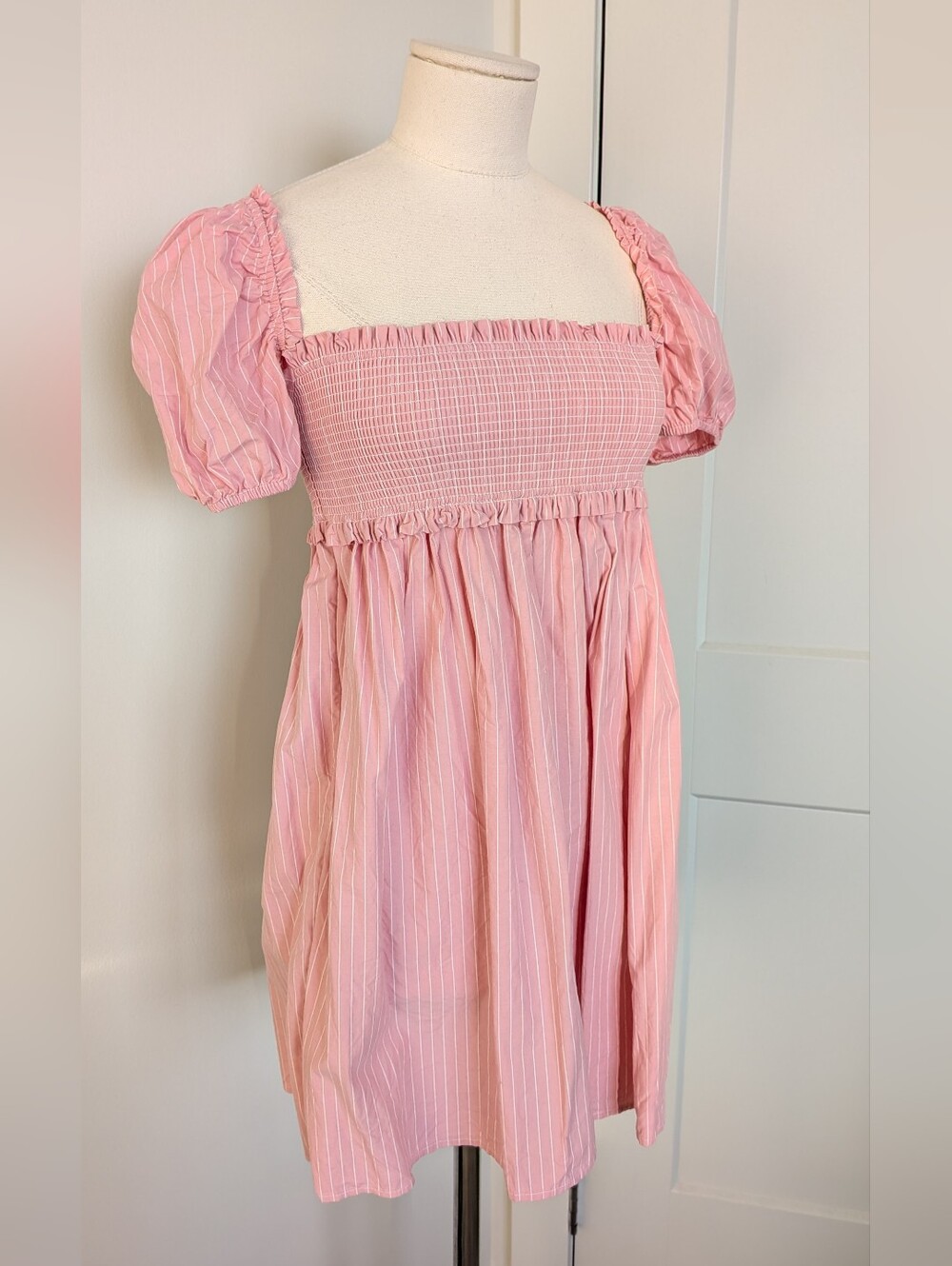 Aritzia Sunday Best Hadley Smocked Pink Pinstripe Babydoll Mini Dress XS